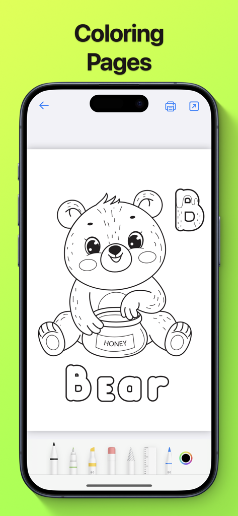 Modern Handwriting Calligraphy - Una página para colorear digital de un oso con herramientas de dibujo en la aplicación Caligrafía de Escritura Moderna