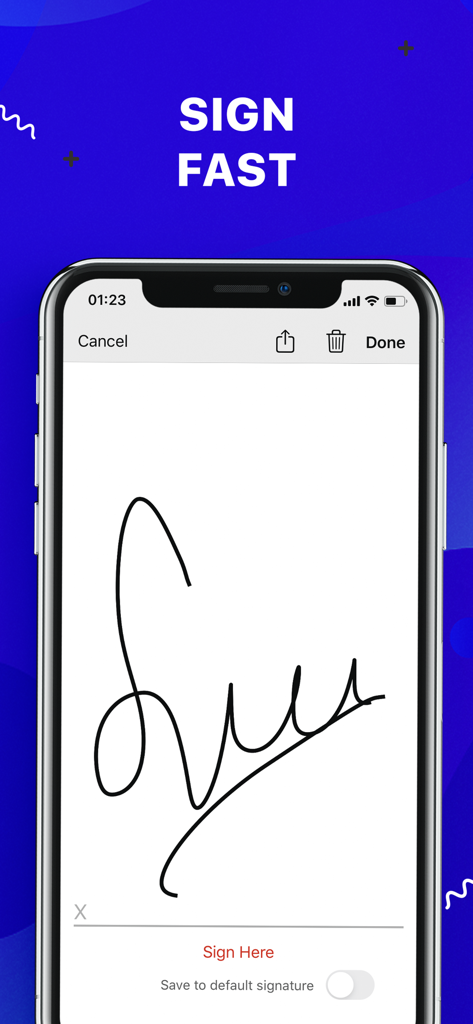 Pantalla de smartphone que muestra una función de firma electrónica para firmar documentos