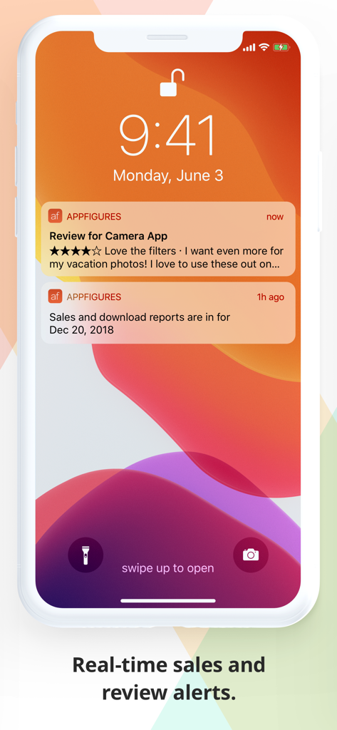 Écran de verrouillage de l'iPhone affichant en temps réel les ventes d'applications et les notifications d'avis de l'application Appfigures