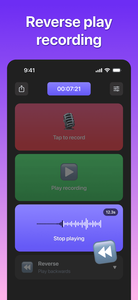 Reverse Audio: Record & Play - Interface of Reverse Audio app showing record and reverse play buttons