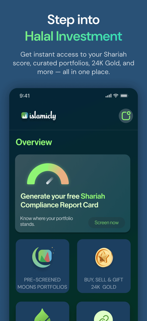Dashboard dell'app Islamicly con pagella di conformità Sharia e opzioni di investimento in oro 24 carati