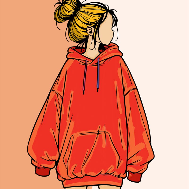 realistic girl with a oversized sweatshirt on and a bun
