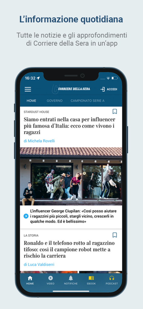 Interfaz de la aplicación de noticias Corriere della Sera en iPhone con titulares italianos del día