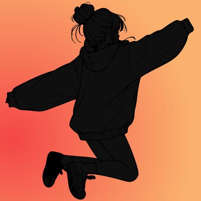 realistic girl jumping with a bun and oversized sweatshirt