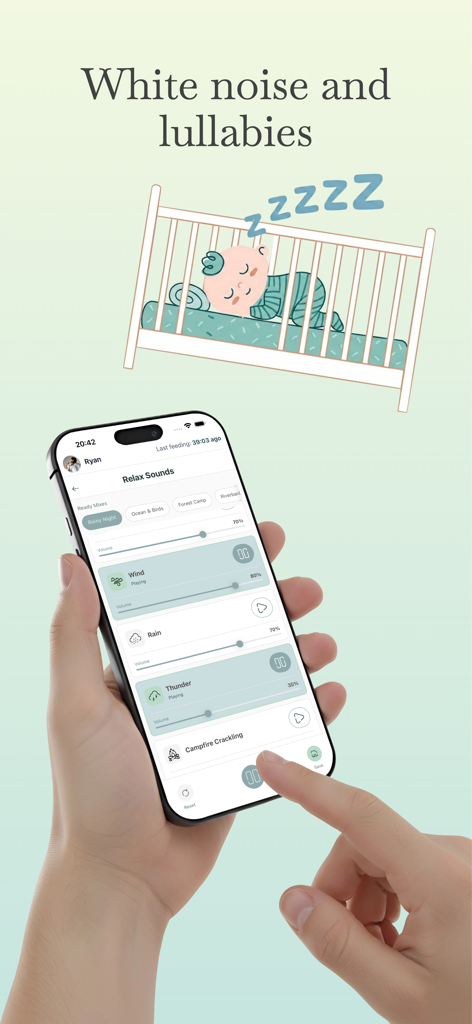 Baby Daily Care: AI Tracker - Mobile app interface showing white noise and lullaby sounds for baby sleep