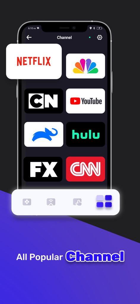 Smart TV Remote App for RK - Smartphone screen showing popular streaming channels like Netflix and Hulu in the Smart TV Remote App interface