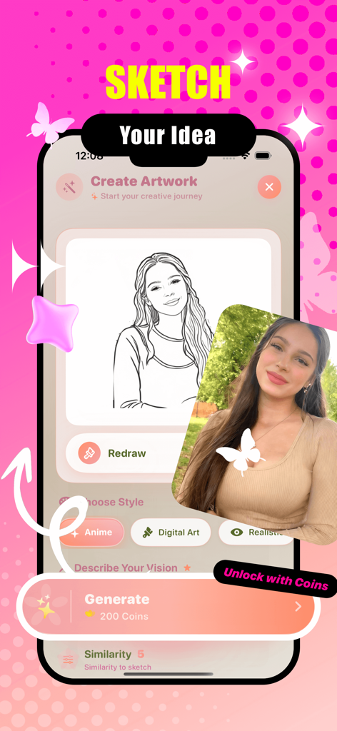 Elera - Elera mobile app interface showing a simple line drawing being converted into a realistic AI-generated portrait with style selection options