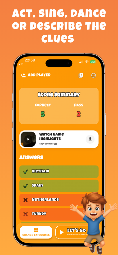 Charades : Guess & Party Game - Pantalla de resumen de puntuación del juego de fiesta de Charadas que muestra las conjeturas correctas y los puntos destacados del juego.