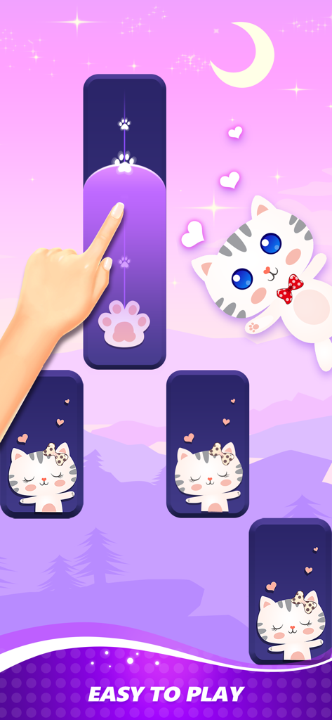 A mobile game screen showing a finger tapping on a piano tile with a paw print icon amidst cute cat illustrations and a pink moon background.