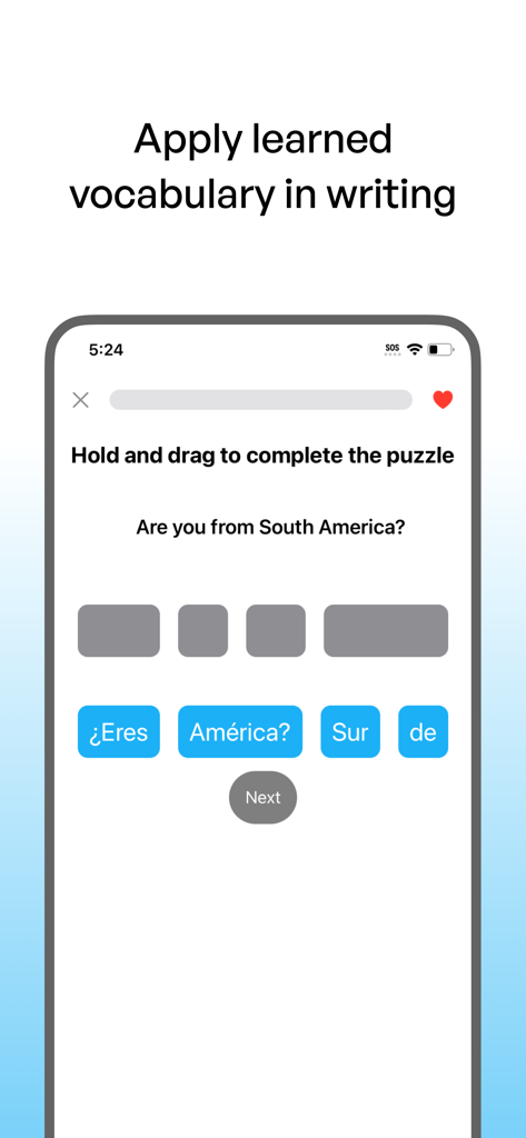 Polyglot: Learn New Languages - Exercício de construção de frases em espanhol no aplicativo de aprendizado de idiomas Poliglota