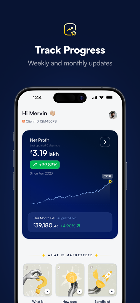 marketfeed - Marketfeed app dashboard displaying net profit with a portfolio growth chart.