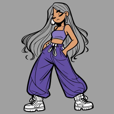 girl in baggy pants crop top and long hair