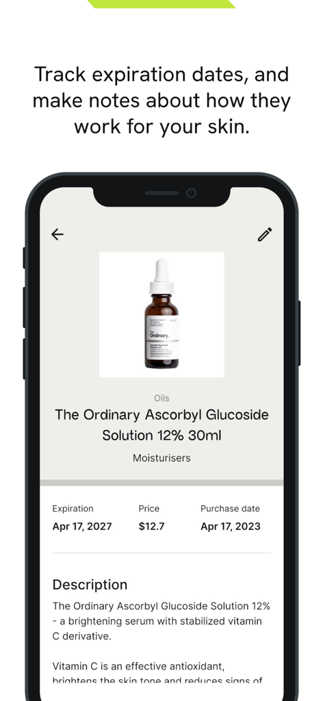 glowy AI - Skincare assistant - Pantalla de la aplicación Glowy AI que muestra la fecha de caducidad y los detalles de un producto de cuidado de la piel