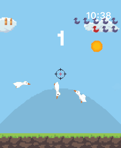 Pixel art game screen showing ducks flying with a crosshair target in Naughty Duck.