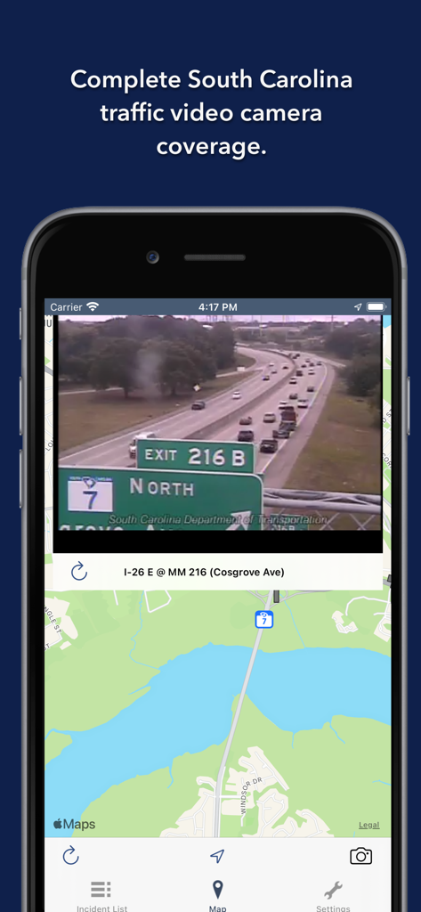 South Carolina traffic camera live stream and location map on mobile