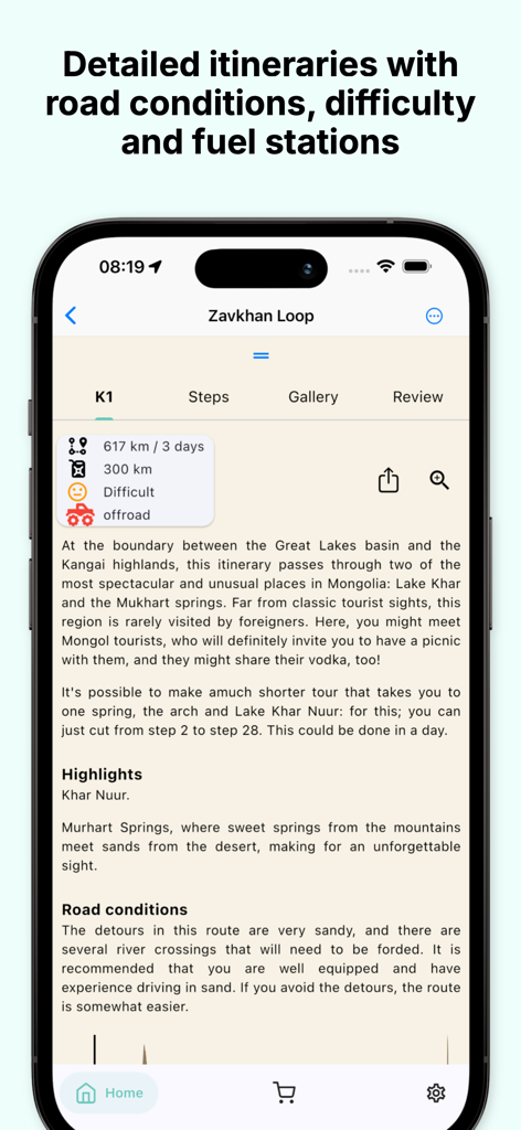 Overland Map - Mobile app screen showing detailed offroad itinerary information including road conditions and difficulty levels
