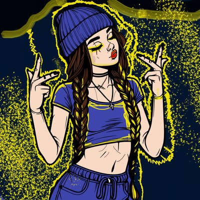 realistic teenage girl with braids and a beanie and crop top doing 🫶🏼