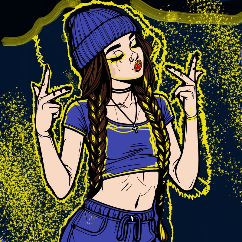 realistic teenage girl with braids and a beanie and crop top doing 🫶🏼