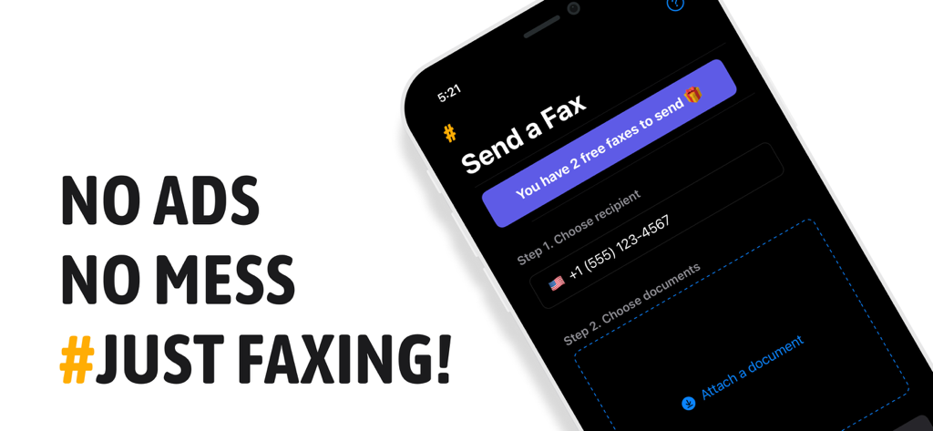 iPhone screen showing the #FAX app interface to send documents with no ads.