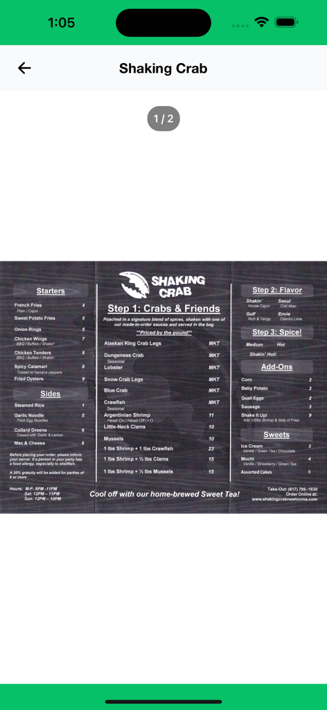 Pantalla del menú digital para el restaurante Shaking Crab en la app de menús