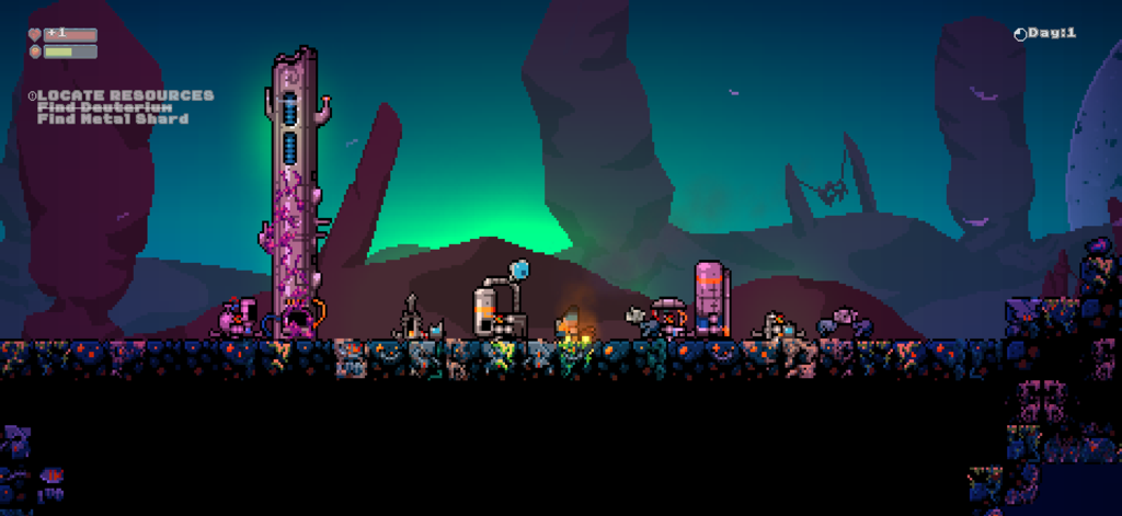 Residual - Uma cena em pixel art do jogo Residual mostrando estruturas de ficção científica em um misterioso planeta alienígena.