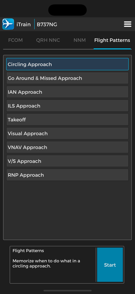 iTrain B737NG App-Oberfläche, die eine Liste von Flugmustern anzeigt, einschließlich Warteschleifen und ILS-Anflügen für das Pilotentraining.