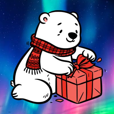polar bear wrapping a present