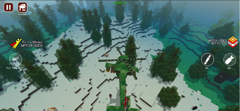 Um helicóptero verde voando sobre uma paisagem nevada e blocada em World Craft Dream Island