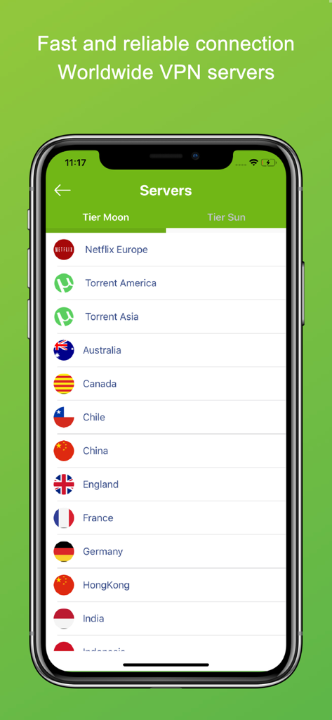 Tomato VPN - Hotspot VPN Proxy - Tomato VPN app screen showing a list of worldwide servers for streaming and gaming