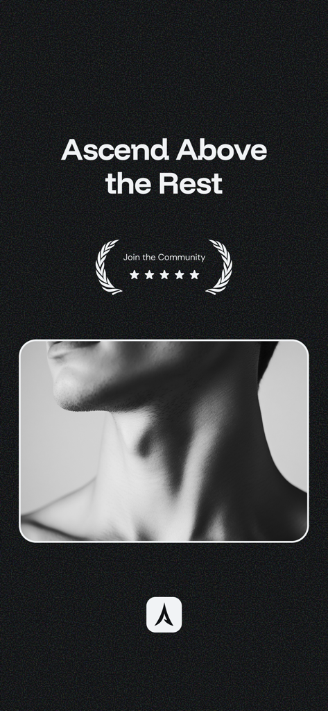 AscendMax - Become Hot - AscendMax 앱 인터페이스는 남성적인 턱선과 'Ascend Above the Rest'라는 텍스트를 특징으로 합니다.