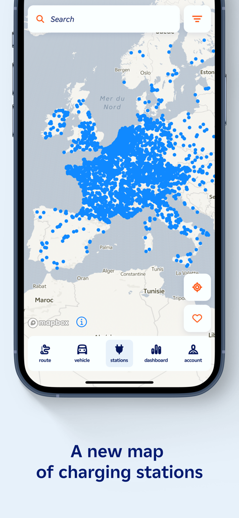 IZIVIA mobile app displaying a map of Europe with numerous electric vehicle charging station locations