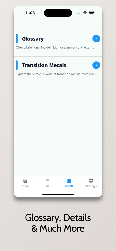Periodic Table: 2025 Chemistry - Chemistry app interface showing the glossary and transition metals information sections