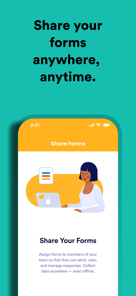 A mobile app screenshot showing the Jotform share forms feature for team collaboration and offline data collection