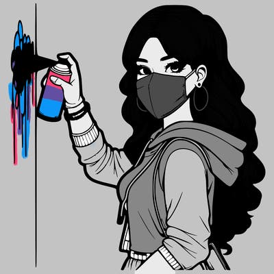 realistic girl with mask spray painting a wall