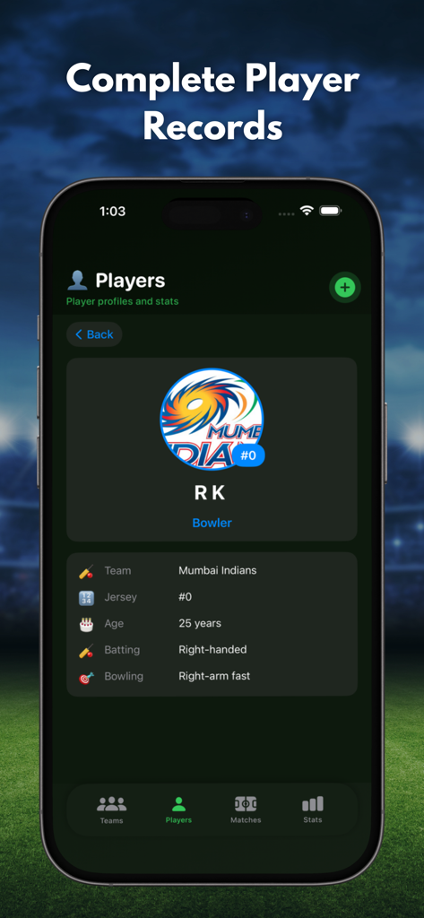 Mobile app screen displaying a cricket player profile with stats including team name age and bowling style