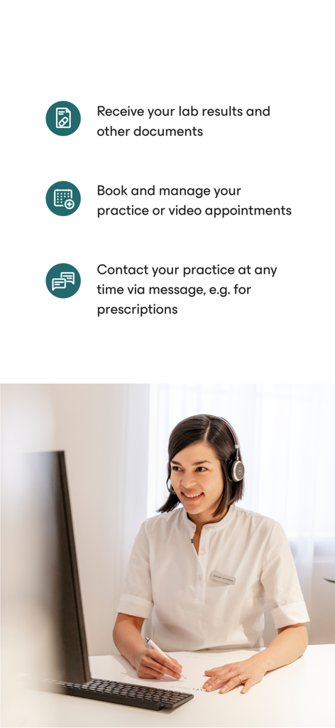 Avi Medical - Liste der Avi Medical App-Funktionen, einschließlich Laborergebnisse und Terminbuchung, neben einem lächelnden Telehealth-Mitarbeiter