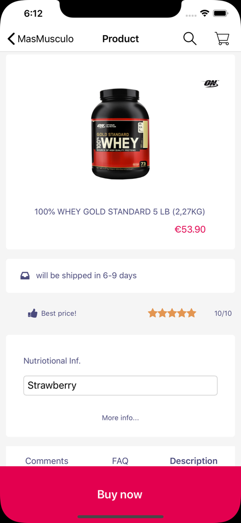 Product detail page for Whey Gold Standard protein on the MASmusculo mobile app