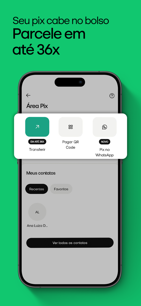 Interface do aplicativo PicPay mostrando a Área Pix com opções de transferência e parcelamentos em até 36 vezes.
