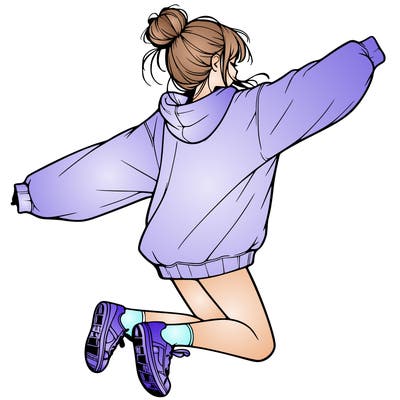 realistic girl jumping with a bun and oversized sweatshirt