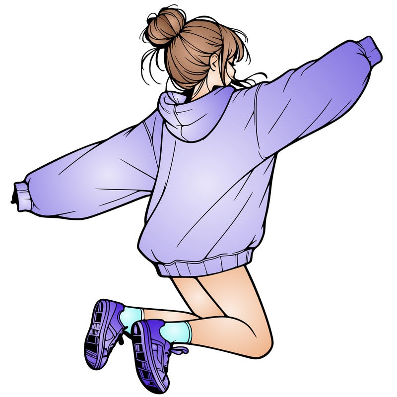 realistic girl jumping with a bun and oversized sweatshirt