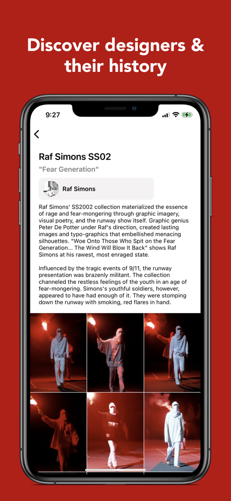MDLA Runway - Fashion Design - MDLA Runway app screen displaying a detailed historical profile of Raf Simons Spring Summer 2002 collection with runway imagery