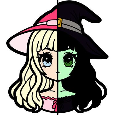 half split of a girl half of it with a witches hat