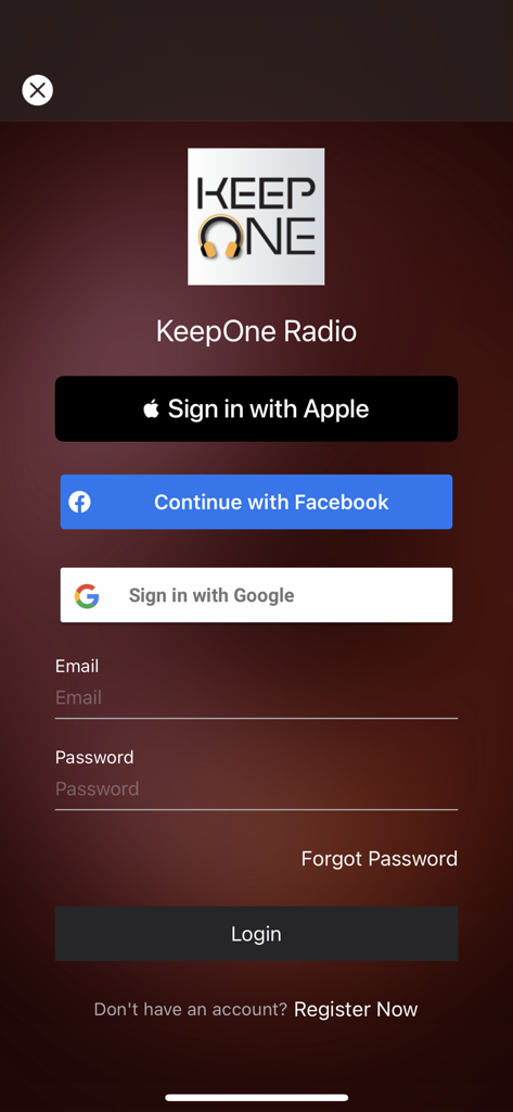 KeepOne Radio - KeepOne Radio login screen with social authentication buttons and email input fields