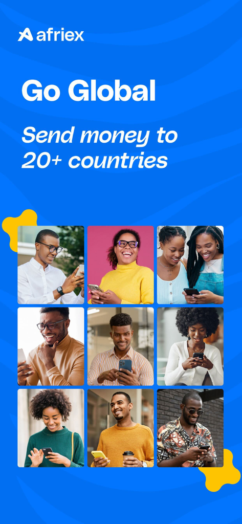 Afriex - Money transfer - Pantalla promocional de la aplicación Afriex mostrando diversas personas usando sus teléfonos para enviar dinero a más de 20 países