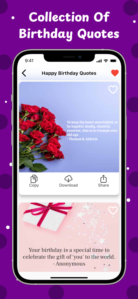 Birthday Wishes, Text Messages - Una pantalla de aplicación móvil que muestra una colección de citas de feliz cumpleaños con tarjetas temáticas de flores y regalos.