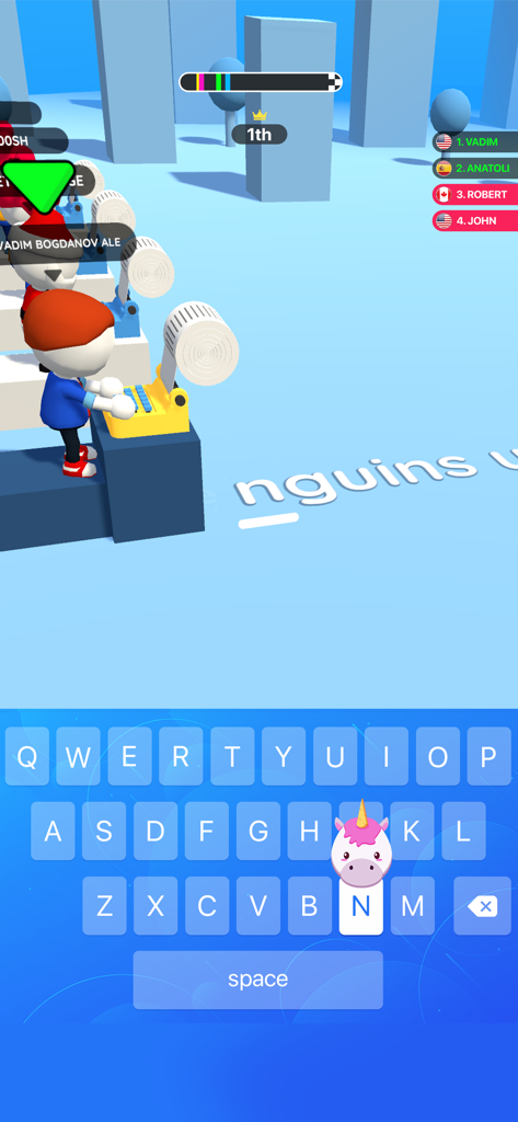 A 3D character in first place during a competitive typing race in the Happy Printer app.