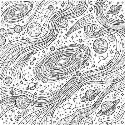 Embark on a creative journey through the stars with this captivating abstract cosmic scene. This intricate coloring page invites you to bring swirling galaxies, distant planets, and shimmering stardust to life with your favorite colors.