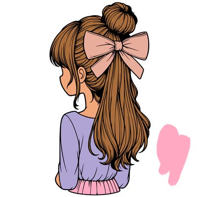 realistic girl  with hip length hair a bun and a big bow on the back of head