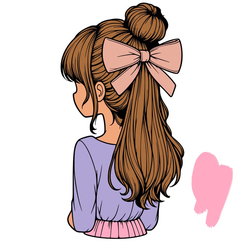 realistic girl  with hip length hair a bun and a big bow on the back of head