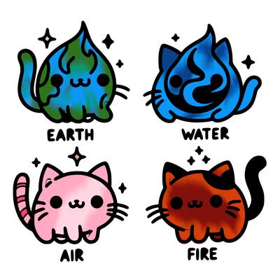 4 cats that represent the different elements, earth, water, air, and fire